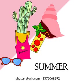 Summer card with cactus, sunglasses, seashell, cocktail, T-shirt. Vector background.