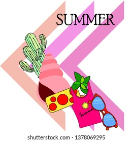 Summer card with cactus, sunglasses, seashell, cocktail, T-shirt. Vector background.