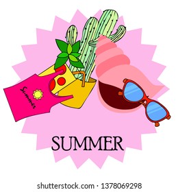 Summer card with cactus, sunglasses, seashell, cocktail, T-shirt. Vector background.