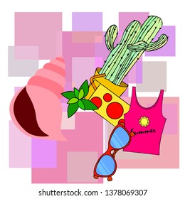 Summer card with cactus, sunglasses, seashell, cocktail, T-shirt. Vector background.