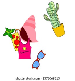 Summer card with cactus, sunglasses, seashell, cocktail, T-shirt. Vector background.