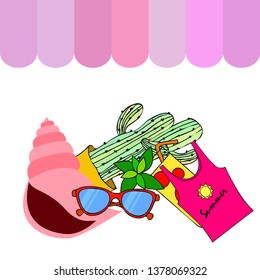 Summer card with cactus, sunglasses, seashell, cocktail, T-shirt. Vector background.