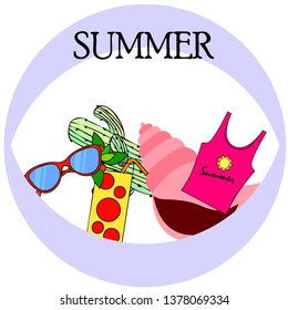 Summer card with cactus, sunglasses, seashell, cocktail, T-shirt. Vector background.