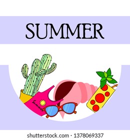 Summer card with cactus, sunglasses, seashell, cocktail, T-shirt. Vector background.