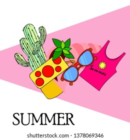 Summer card with cactus, sunglasses, seashell, cocktail, T-shirt. Vector background.