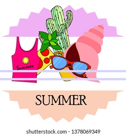 Summer card with cactus, sunglasses, seashell, cocktail, T-shirt. Vector background.
