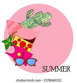Summer card with cactus, sunglasses, seashell, cocktail, T-shirt. Vector background.