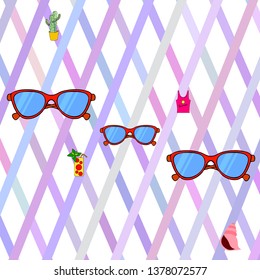 Summer card with cactus, sunglasses, seashell, cocktail, T-shirt. Vector background.