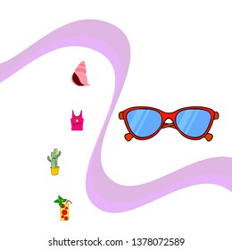 Summer card with cactus, sunglasses, seashell, cocktail, T-shirt. Vector background.