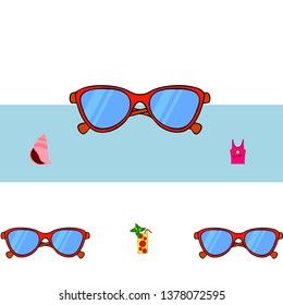 Summer card with cactus, sunglasses, seashell, cocktail, T-shirt. Vector background.