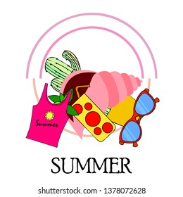 Summer card with cactus, sunglasses, seashell, cocktail, T-shirt. Vector background.