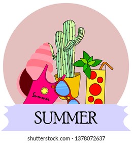 Summer card with cactus, sunglasses, seashell, cocktail, T-shirt. Vector background.