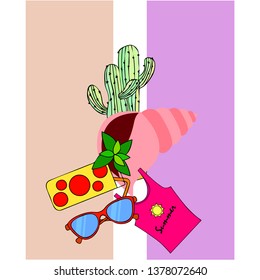 Summer card with cactus, sunglasses, seashell, cocktail, T-shirt. Vector background.