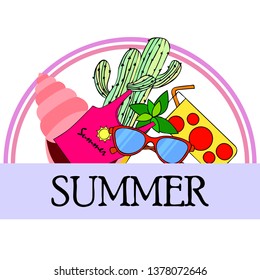 Summer card with cactus, sunglasses, seashell, cocktail, T-shirt. Vector background.