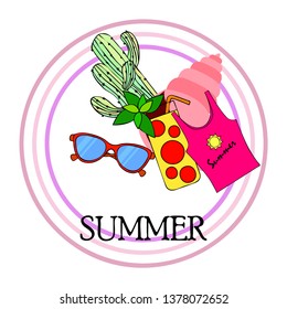 Summer card with cactus, sunglasses, seashell, cocktail, T-shirt. Vector background.
