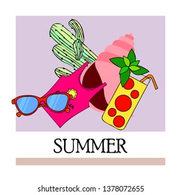 Summer card with cactus, sunglasses, seashell, cocktail, T-shirt. Vector background.