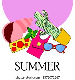 Summer card with cactus, sunglasses, seashell, cocktail, T-shirt. Vector background.