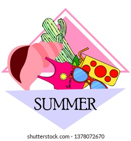 Summer card with cactus, sunglasses, seashell, cocktail, T-shirt. Vector background.