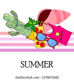 Summer card with cactus, sunglasses, seashell, cocktail, T-shirt. Vector background.