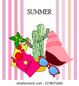 Summer card with cactus, sunglasses, seashell, cocktail, T-shirt. Vector background.