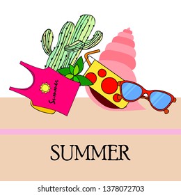 Summer card with cactus, sunglasses, seashell, cocktail, T-shirt. Vector background.