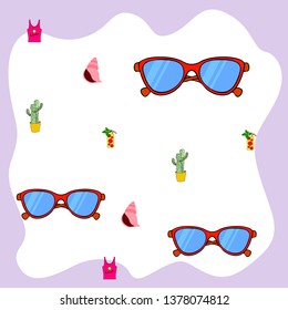 Summer card with cactus, sunglasses, seashell, cocktail, T-shirt. Vector background.