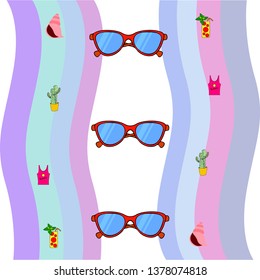 Summer card with cactus, sunglasses, seashell, cocktail, T-shirt. Vector background.