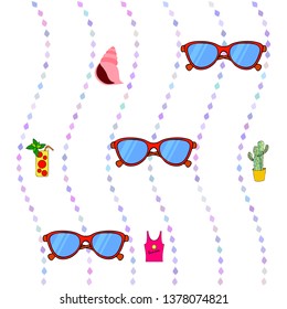 Summer card with cactus, sunglasses, seashell, cocktail, T-shirt. Vector background.