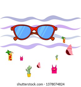 Summer card with cactus, sunglasses, seashell, cocktail, T-shirt. Vector background.