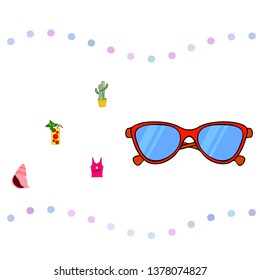Summer card with cactus, sunglasses, seashell, cocktail, T-shirt. Vector background.