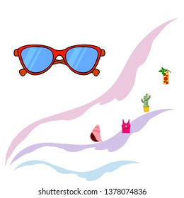 Summer card with cactus, sunglasses, seashell, cocktail, T-shirt. Vector background.