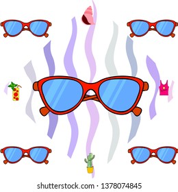 Summer card with cactus, sunglasses, seashell, cocktail, T-shirt. Vector background.