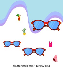 Summer card with cactus, sunglasses, seashell, cocktail, T-shirt. Vector background.