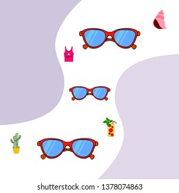 Summer card with cactus, sunglasses, seashell, cocktail, T-shirt. Vector background.