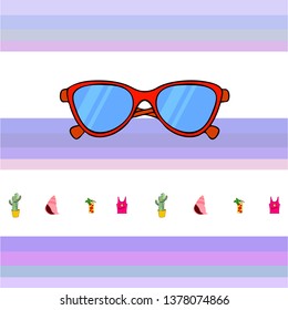 Summer card with cactus, sunglasses, seashell, cocktail, T-shirt. Vector background.