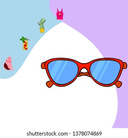 Summer card with cactus, sunglasses, seashell, cocktail, T-shirt. Vector background.