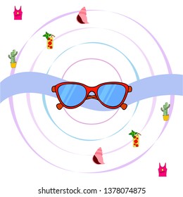 Summer card with cactus, sunglasses, seashell, cocktail, T-shirt. Vector background.