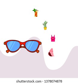 Summer card with cactus, sunglasses, seashell, cocktail, T-shirt. Vector background.