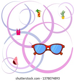 Summer card with cactus, sunglasses, seashell, cocktail, T-shirt. Vector background.