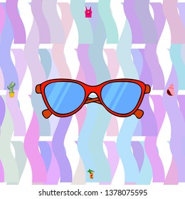 Summer card with cactus, sunglasses, seashell, cocktail, T-shirt. Vector background.