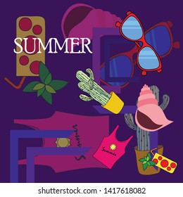 Summer card with cactus, sunglasses, seashell, cocktail, T-shirt. Vector background.