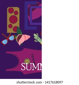 Summer card with cactus, sunglasses, seashell, cocktail, T-shirt. Vector background.
