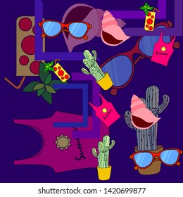 Summer card with cactus, sunglasses, seashell, cocktail, T-shirt. Vector background.