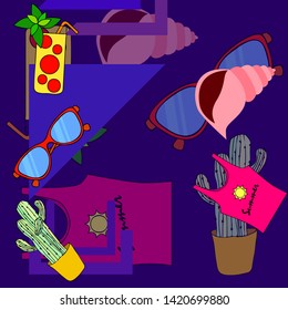 Summer card with cactus, sunglasses, seashell, cocktail, T-shirt. Vector background.