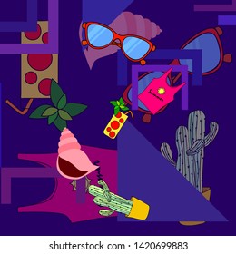 Summer card with cactus, sunglasses, seashell, cocktail, T-shirt. Vector background.