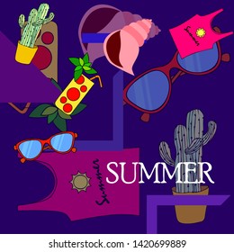 Summer card with cactus, sunglasses, seashell, cocktail, T-shirt. Vector background.