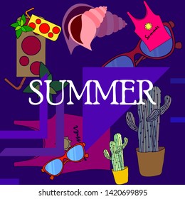 Summer card with cactus, sunglasses, seashell, cocktail, T-shirt. Vector background.