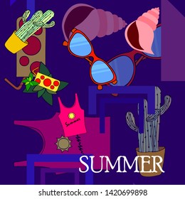 Summer card with cactus, sunglasses, seashell, cocktail, T-shirt. Vector background.