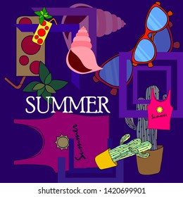 Summer card with cactus, sunglasses, seashell, cocktail, T-shirt. Vector background.