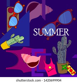Summer card with cactus, sunglasses, seashell, cocktail, T-shirt. Vector background.